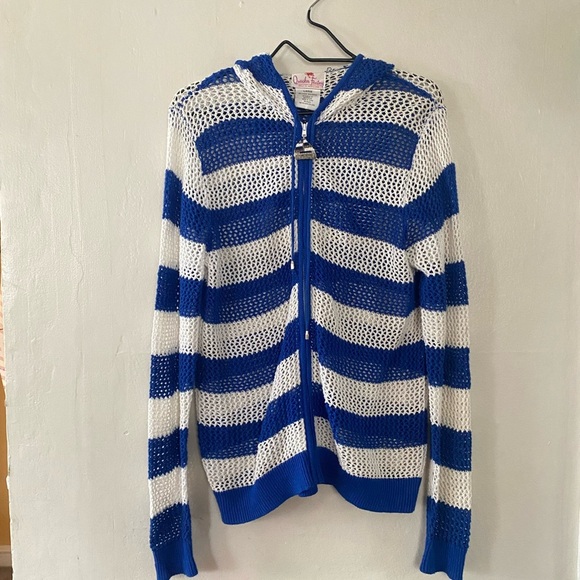 Quacker Factory Blue White Crochet Zip Up Hoodie Women’s Size Large Coverup Top - Picture 8 of 8